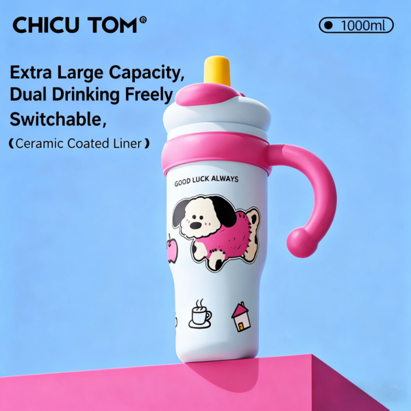 1000 ml duża butelka na wodę z izolacją próżniową, nowy stylowy kubek termiczny ze słomką dla kobiet, duża pojemność