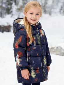 1 pieza Abrigo acolchado de algodón con capucha elástica de color azul marino y multicolor para niños, Parka de algodón de longitud media para niños y niñas, Chaqueta con cremallera para niños, Ropa de algodón para niños pequeños