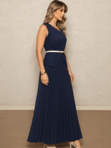 Women's Tailored Suit - Fitted Blouse, Sophisticated Belt, And Long Pleated Skirt - Elegance And Style For Any Occasion - 海軍藍 - 查看 2