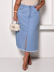 Plus Size Long Skirt With Slit And Pockets - Light Wash - View 2