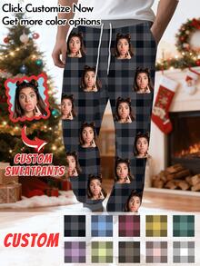 Customized Men Casual Sweatpants With Personalized Face Design - Classic Plaid Pattern, Multiple Color Options, Custom Design, Comfortable & Fashionable Loose Fit Joggers, Suitable For Casual Daily Wear, Weekend Outings, Hangouts With Friends, Traveling, And Perfect Gift Choice For Halloween, Christmas, Autumn/Winter Men Clothing, Fall