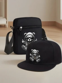 1pc/2pcs Cool Bear Design Printed Y2K Streetwear Baseball Cap & Crossbody Bag Set, Adjustable Unisex Snapback Hat & Shoulder Bag, Gift For Yourself And Friends - Black - View 1