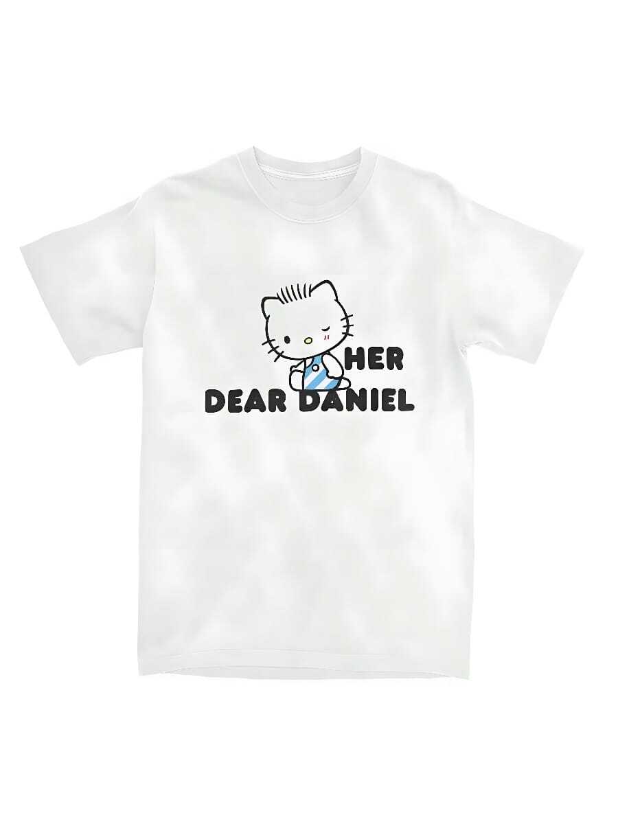 COOL SUMMER Hello Kittys Dear Daniels Couples T-Shirt Stylish Men Men Vintage Cotton Tee Shirt Round Neck Daily Casual Short Sleeve T Shirt Size S~5XL - 白色 - 查看 1