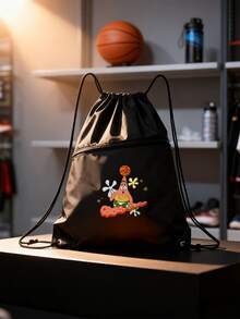 1Pc SpongeBob Basketball Storage Bag - Large Capacity Drawstring Bag, Football Storage Backpack, High-Appearance Black & White Cartoon Bag With Double Zipper Pockets, Suitable For Ball, Miscellaneous & Book Storage - Multicolor - View 5