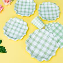 100pcs Grass Green Checkered Petal Shaped Paper Plates & Napkins Party Supplies, 7/9 Inch Disposable Grass Green & White Checkered Plates, Wedge Checkered Plates, Paper Cups, Napkins, Suitable For Birthday Dinner, Picnic, BBQ Party - Multicolor - View 4