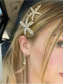 1pc Vintage Faux Pearl Decor Starfish Shaped Hair Clip, Stylish Hair Bun Maker Accessory Suitable For Women And Girls For Daily Wear, Flat Claw Clip, Hair Accessories, Hair Slide, Hair Barrettes - Multicolor - View 3