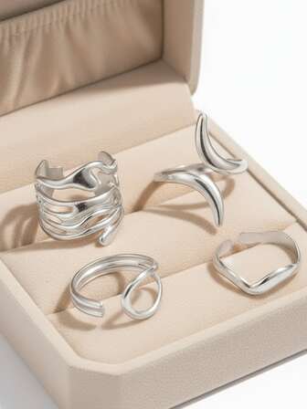 4件套时尚朋克风不对称不锈钢可调节戒指套装，男士日常休闲佩戴