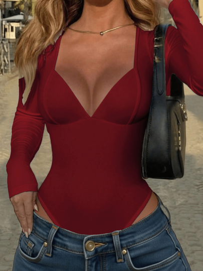 Mono de manga larga ajustado con cuello de corazón de unicolor casual y de moda para mujer, otoño/invierno