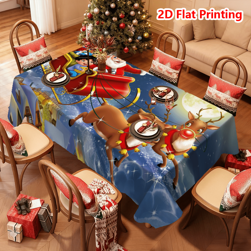 1 szt. Świąteczne sanki reniferowe i obrusy z nadrukiem Świętego Mikołaja, prostokątne obrusy, świąteczne dekoracje jadalne, świąteczne stoły z obrusem