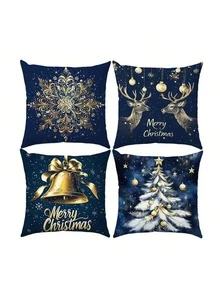 4 Stücke, einseitig bedruckter Kissenbezug, Blau und Gold Weihnachtsthema Schneeflocken und Glocken Serie Kissenbezug Set, 40x40cm/45x45cm/50x50cm, Heimdekoration Kissenbezug geeignet für Wohnzimmer Sofa und Schlafzimmer, Kissenkern nicht enthalten - Blau - Übersicht 10