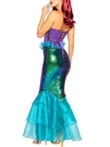 Women Christmas Mermaid Costume Cosplay Fancy Sequins Fishtail Long Skirt Sheer Mesh Stitching Festive Party Outfit - 藍色 - 查看 2