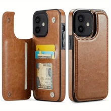 Funda tipo cartera compatible con iPhone 16, 15, 14 Plus, 13, 12 y 11 Pro Max Plus. Incluye ranuras para tarjetas, soporte para tarjetas, cierres magnéticos dobles y una funda protectora duradera. Totalmente cubierta y a prueba de golpes. - Marrón - Ver 2