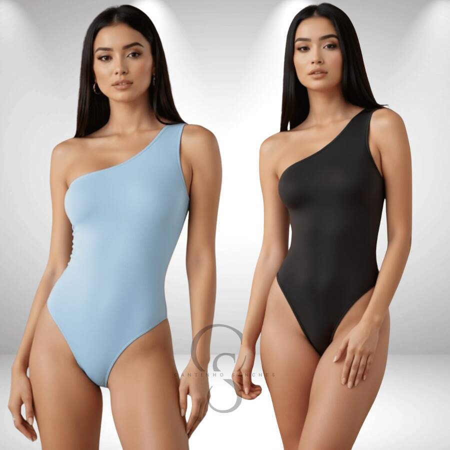 SET OF 2 Women's Bodysuits In Suplex Fabric, One-Shoulder Style, With Lining, Thin Straps, And A One-Shoulder Design. - BLACK aND BABY BLUE - View 1