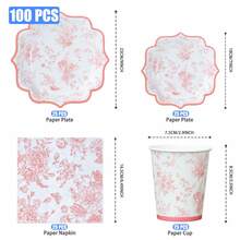 Bộ đồ ăn tiệc hình hoa Chinoiserie màu hồng pastel 100 chiếc, đĩa giấy dùng một lần 7/9 inch, cốc và khăn ăn, đĩa giấy chủ đề Chinoiserie màu hồng, đồ dùng trang trí tiệc sinh nhật - Nhiều màu - Xem 2