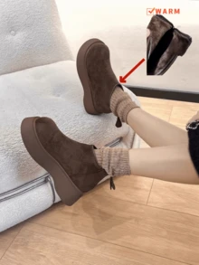 Women's Round Toe Thick Sole Anti-Slip Patent Leather Boots, Minimalist Fashion Gothic Style Front Zipper Ankle Boots, Suitable For Campus, Commute, Work Outfit In Autumn/Winter - Coffee Brown Plus Velvet - View 4