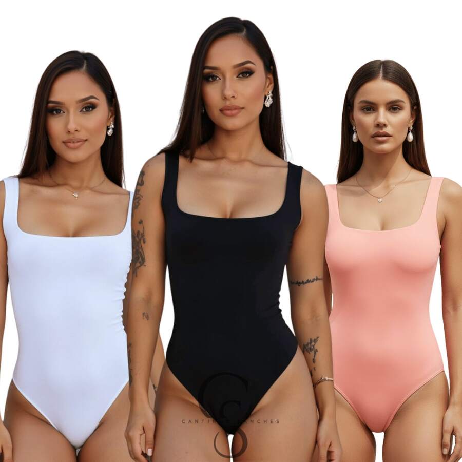 SET OF 3 SQUARE NECKLINE LINING SUPLEX BODYSUITS (TANK STYLE) - 黑白和淺粉紅色 - 查看 1