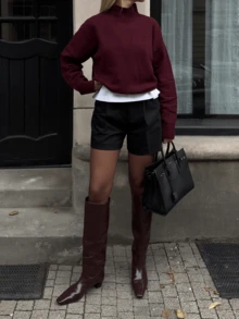 Seelio Autumn/Winter New Women's Fashion Minimalist Soft All-Match High Neck Long Sleeve Knit Sweater - Burgundy - View 3