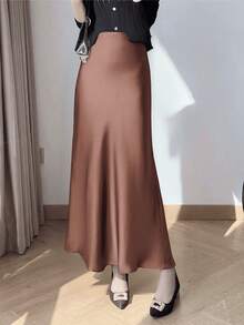 Women's A-Line Satin Skirt, Elegant High Waist Flowy Vintage Silk Midi Skirt - 棕色 - 查看 1