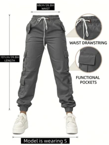 秋季外出时尚Y2K工装宽松裤，万圣节，新款，秋冬工作裤，街头风，多口袋，松紧腰，机场，返校季春季 - 灰色 - 查看 4