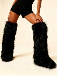 Over-The-Knee Fur Furry Fluffy Long Boots For Women Y2K Shoes Flat Boots Comfy Pull On Fur Boots Women For Party Shoes - màu đen - Xem 4