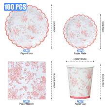 100pcs Pastel Pink Chinoiserie Floral Shaped Party Tableware Set, 7/9 Inch Disposable Paper Plates, Cups And Napkins, Pink Chinoiserie Theme Paper Plates, Birthday Decor Party Supplies - Multicolor - View 2