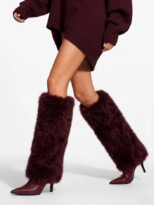 Women's Fuzzy Knee High Christmas Boots Sexy Fashion Faux Fur Side Zipper Boots Pointed Toe Stiletto Heel Casual Versatile Boots Winter Outfit For Women New Year Party Fashionable For Halloween Date Night - 酒紅色 - 查看 6