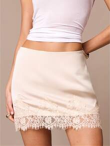 Falda de satén de seda con encaje para mujer, falda interior con volantes en línea A, minifalda fluida Y2K, media enagua para usar debajo del vestido - Albaricoque - Ver 1