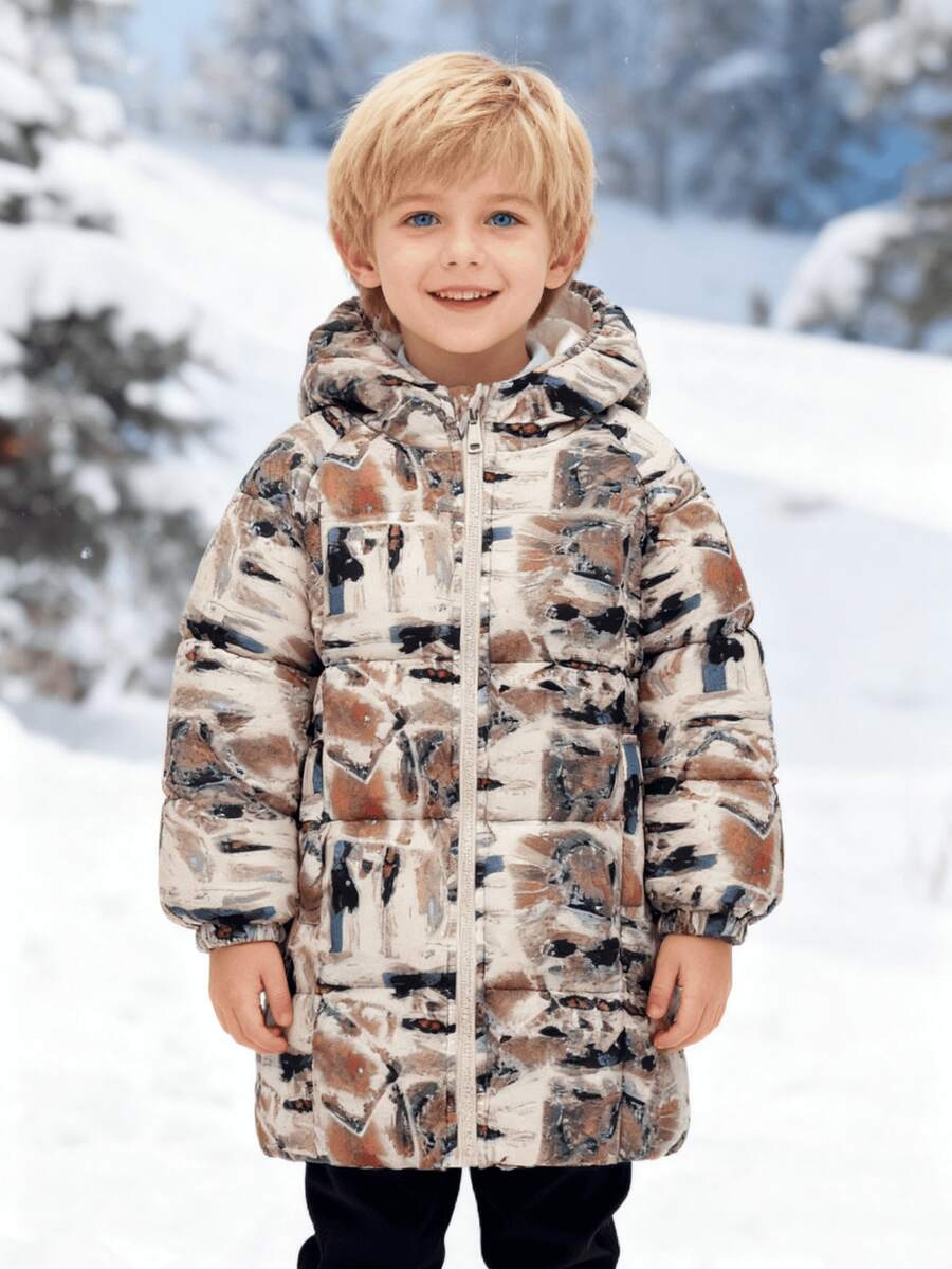 1 pieza Abrigo acolchado con capucha elástica y estampado de grafiti de color block para niña joven, abrigo acolchado de longitud media para niños/niñas, ropa exterior casual con cremallera para niños