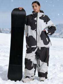 1 pieza Chaqueta/Abrigo de esquí unisex, Chaqueta de montaña con capucha para mujer, con cremalleras de ventilación y bolsillos con cremallera antiperidida, Chaqueta de snowboard para hombre para actividades al aire esquí de invierno, con estructura reforzada, equipo de esquí funcional, equipo de nieve duradero, Chaqueta de esquí para mujer - Blanco y Negro - Ver 4