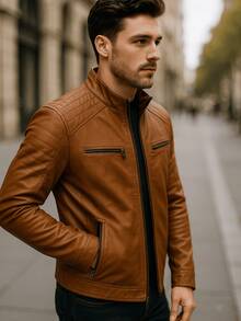 Autumn/Winter Slim Fit Leather Jacket - Mocha Brown - View 2