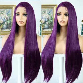 13x4 24 Inch Deep Purple Straight Lace Front Wig, Suitable For Women - Heat Resistant Synthetic Hair, Pre-Plucked Natural Hairline And Baby Hair, Great For Everyday Wear, Weddings, Halloween And Christmas