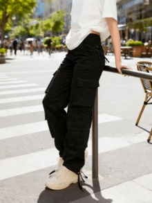 Cargo Pants For Women Casual High Waisted Solid Color Pants Baggy Y2k Straight Wide Leg Pants With Pockets Streetwear Sweatpants - 黑色 - 查看 7