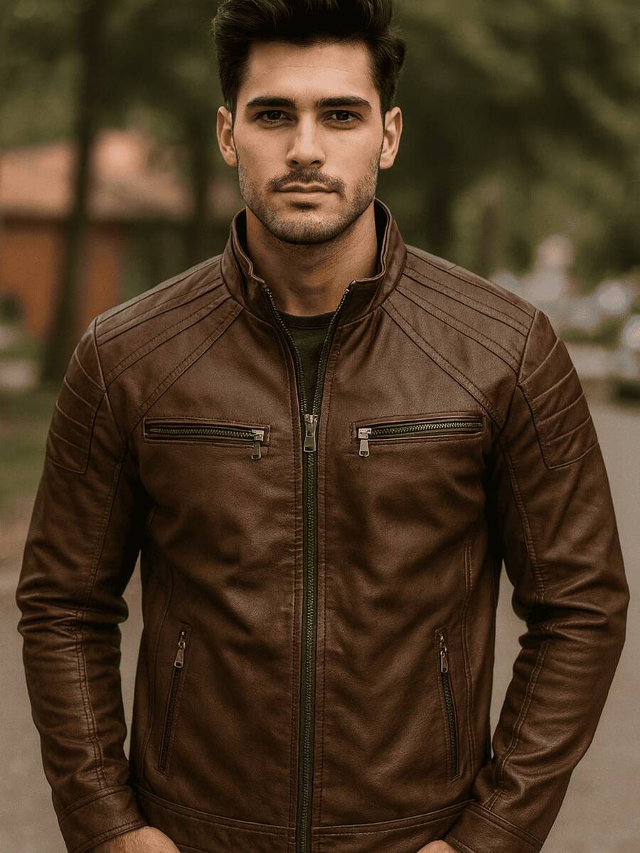 Autumn/Winter Slim Fit Leather Jacket - 咖啡棕 - 查看 1