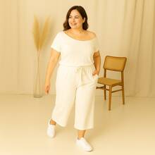 Women's Casual Plus Size Pantacourt Set With Short Sleeves - Màu be - Xem 2