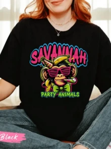 Savannah Party Animals Shirt, Funny Baseball Banana Graphic Tee, Matching Banana T Shirt, Party Animals Baseball Season Shirt,Slogan Print Round Short Sleeve Tee For Women,Unisex Cotton Casual T Shirt - 黑色 - 查看 1