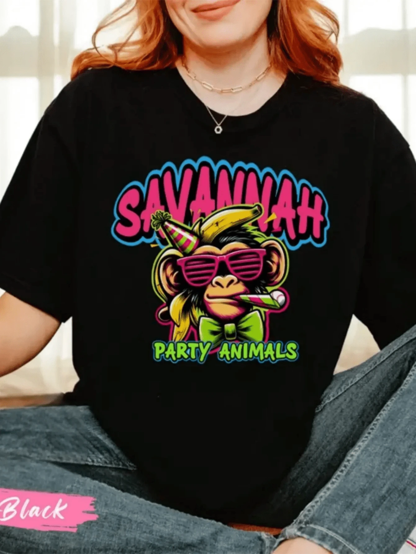 Savannah Party Animals Shirt, Funny Baseball Banana Graphic Tee, Matching Banana T Shirt, Party Animals Baseball Season Shirt,Slogan Print Round Short Sleeve Tee For Women,Unisex Cotton Casual T Shirt - 黑色 - 查看 1