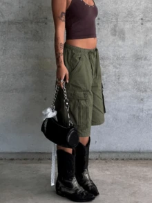 Womens Y2K Drawstring Jean Shorts Summer Elastic Waist Baggy Cargo Denim Shorts Casual Stretch Jorts With Pockets - 軍綠色 - 查看 4