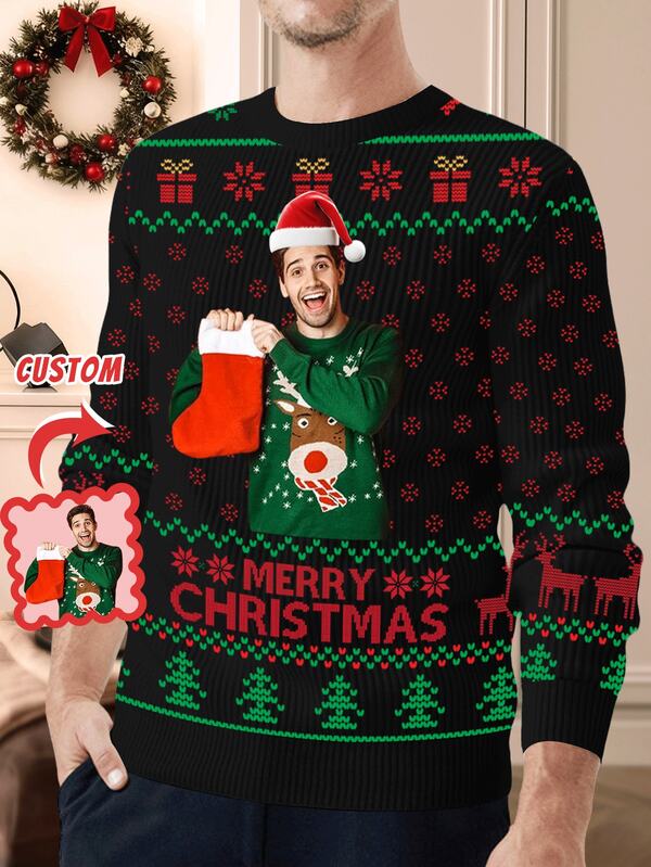 Customized Men's Casual Face Print Sweatshirt, Personalized Crew Neck Knit Sweatshirt, Upload Custom Photo, Personalized Gift With Funny Face Design, Unique Christmas Gift For Men, Fashionable And Comfortable, Ideal For Boyfriend, Family, Friends, Autumn/Winter