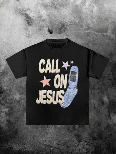 Camiseta estampada de cuello redondo y manga corta con texto Call On Jesus y teléfono móvil vintage, religiosa y retro