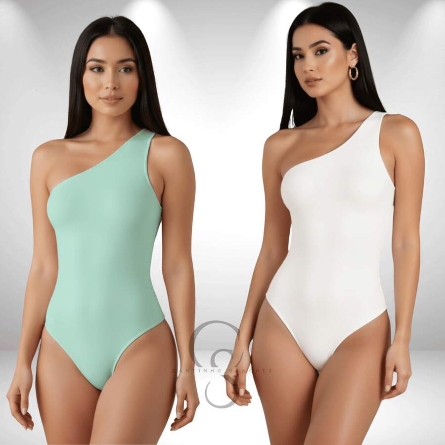 SET OF 2 Women's Bodysuits In Suplex Fabric, One-Shoulder Style, With Lining, Thin Straps, And A One-Shoulder Design. - WHITE aND WATER GREEN - View 1