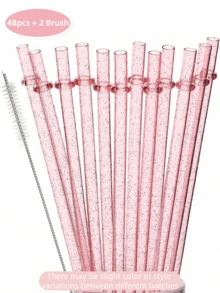 12Pcs Reusable Plastic Straws - Colorful Pink Long Hard Cup Drinking Straws With Flashing Decorations, Compatible With Stanley 30 Oz Cup Tumbler