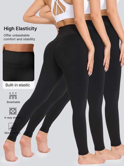 3pcs/Set High Elastic Soft Women Sports Leggings, Cycling Pants, Butt Lifting & Tummy Control, Moisture Wicking Breathable, Non-See-Through, Suitable For Yoga, Running, Workout, Dance, Cycling