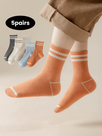 5 Pairs Kids Socks, Striped Sports Socks, Cotton Mid-Calf Socks For Boys And Girls, School Style