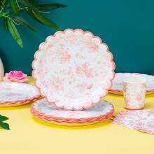 100pcs Pastel Pink Chinoiserie Floral Shaped Party Tableware Set, 7/9 Inch Disposable Paper Plates, Cups And Napkins, Pink Chinoiserie Theme Paper Plates, Birthday Decor Party Supplies - Multicolor - View 5