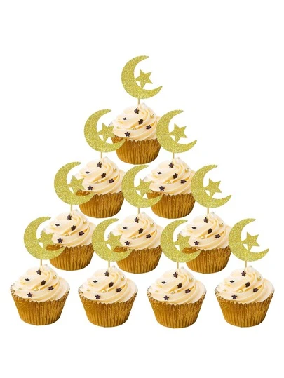 15个金色星星月亮蛋糕装饰插牌，适用于生日甜点桌装饰、派对烘焙用品、甜点桌装饰、蛋糕装饰、派对装饰、开斋节装饰