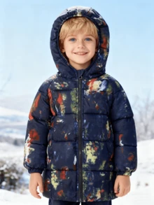1 pieza Abrigo acolchado de algodón con capucha elástica de color azul marino y multicolor para niños, Parka de algodón de longitud media para niños y niñas, Chaqueta con cremallera para niños, Ropa de algodón para niños pequeños