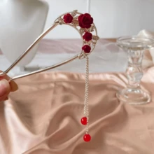 1pc Bridal Headpiece Tassel Flower U-Shaped Hair Clip, Chinese Style Cheongsam Hair Accessory, Bun Extension, Pins For Hair