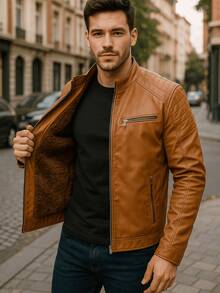 Autumn/Winter Slim Fit Leather Jacket - Mocha Brown - View 3