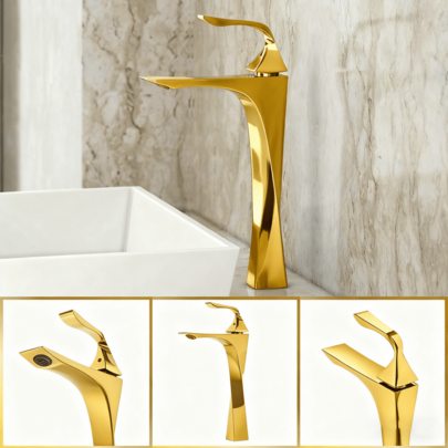 Torneira de Pia Ouro Elegante 2025 - Design Moderno com Detalhes Reflexivos para Banheiro | Novo