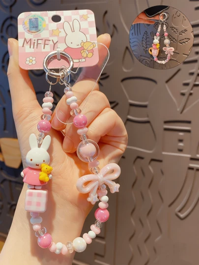 Pink Miffy & Little Nose Beaded Keychain – Licensed Cartoon Character Pendant For Keys & Bags,Cute Key Ring With High-Quality Beads, Perfect Gift For Anime Lovers, Suitable For Girls & Teens, Great For Daily Use,Adds A Touch Of Sweetness To Your Keys & Bags